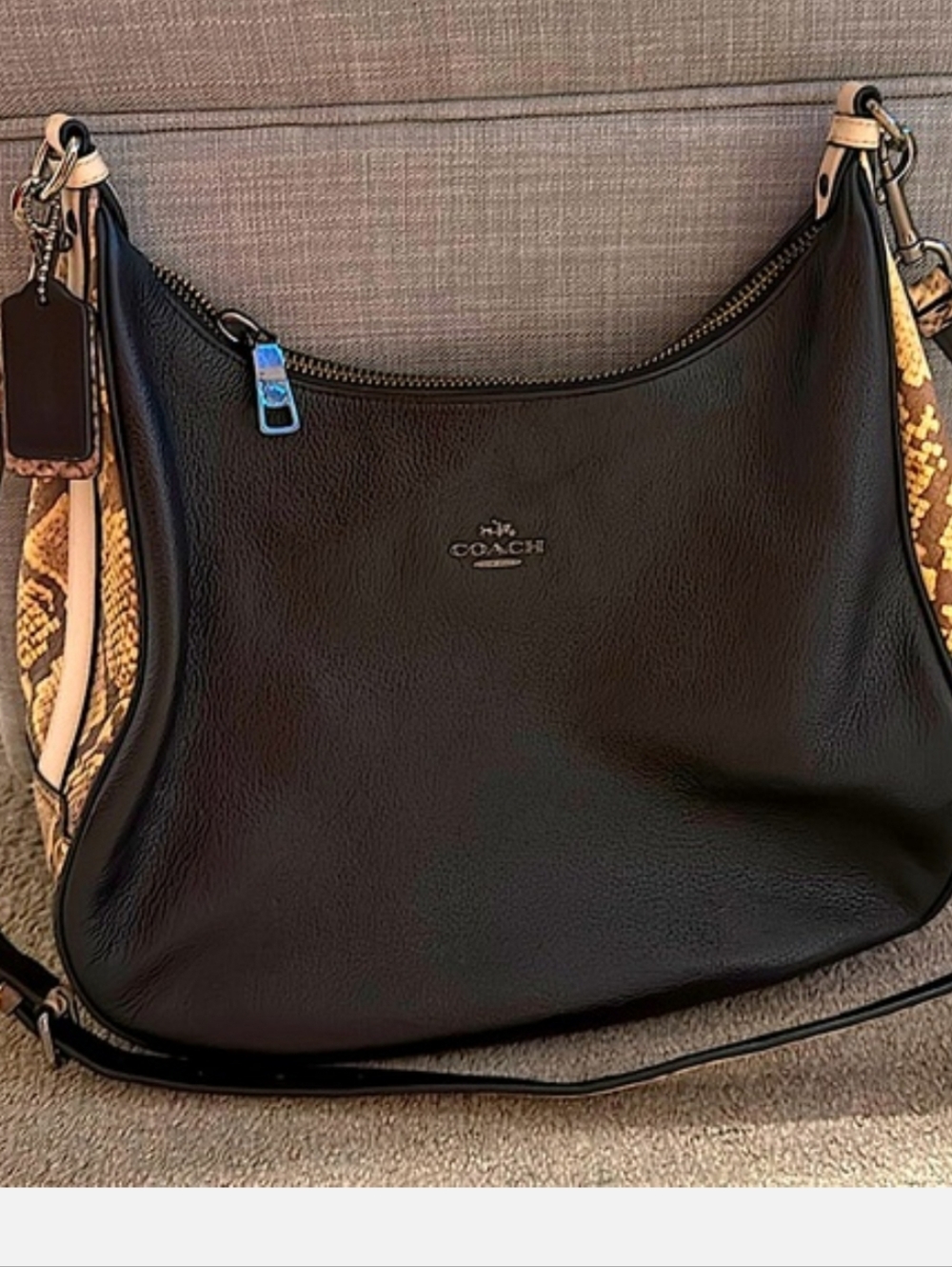 Coach Black Leather Shoulder Bag with Snake-Print Trim